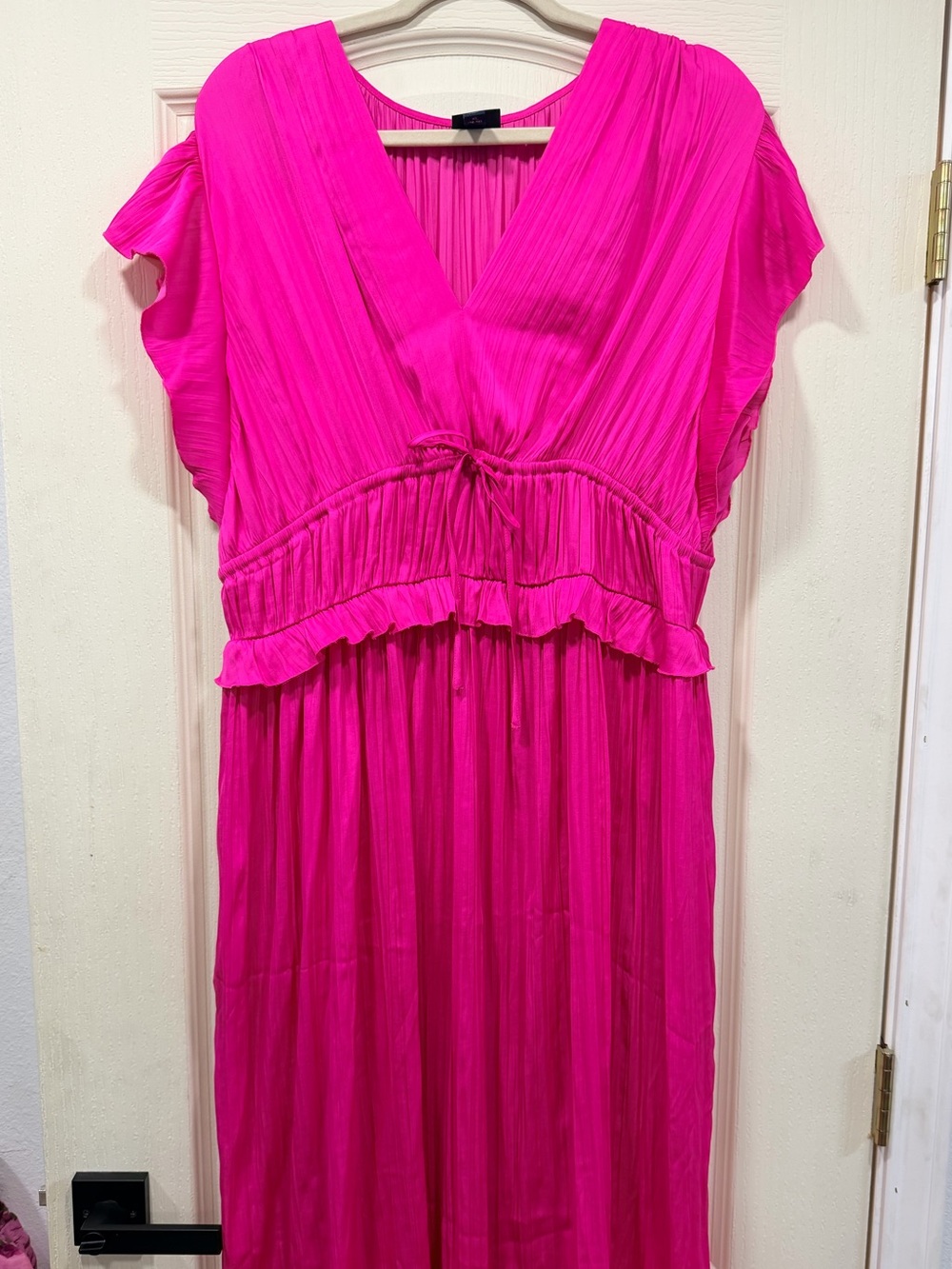 SCOOP- Bright Hot Pink Pleated V-Neck Midi Dress